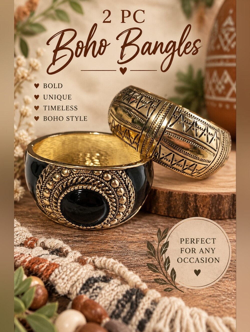 Boho Black & Gold Accent Bangle Set - Elegant Two-Piece Bracelet